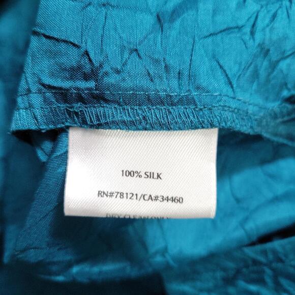 Eileen Fisher Top Women 2X Teal Blue Crinkle Silk Button Up Blouse - Picture 8 of 8